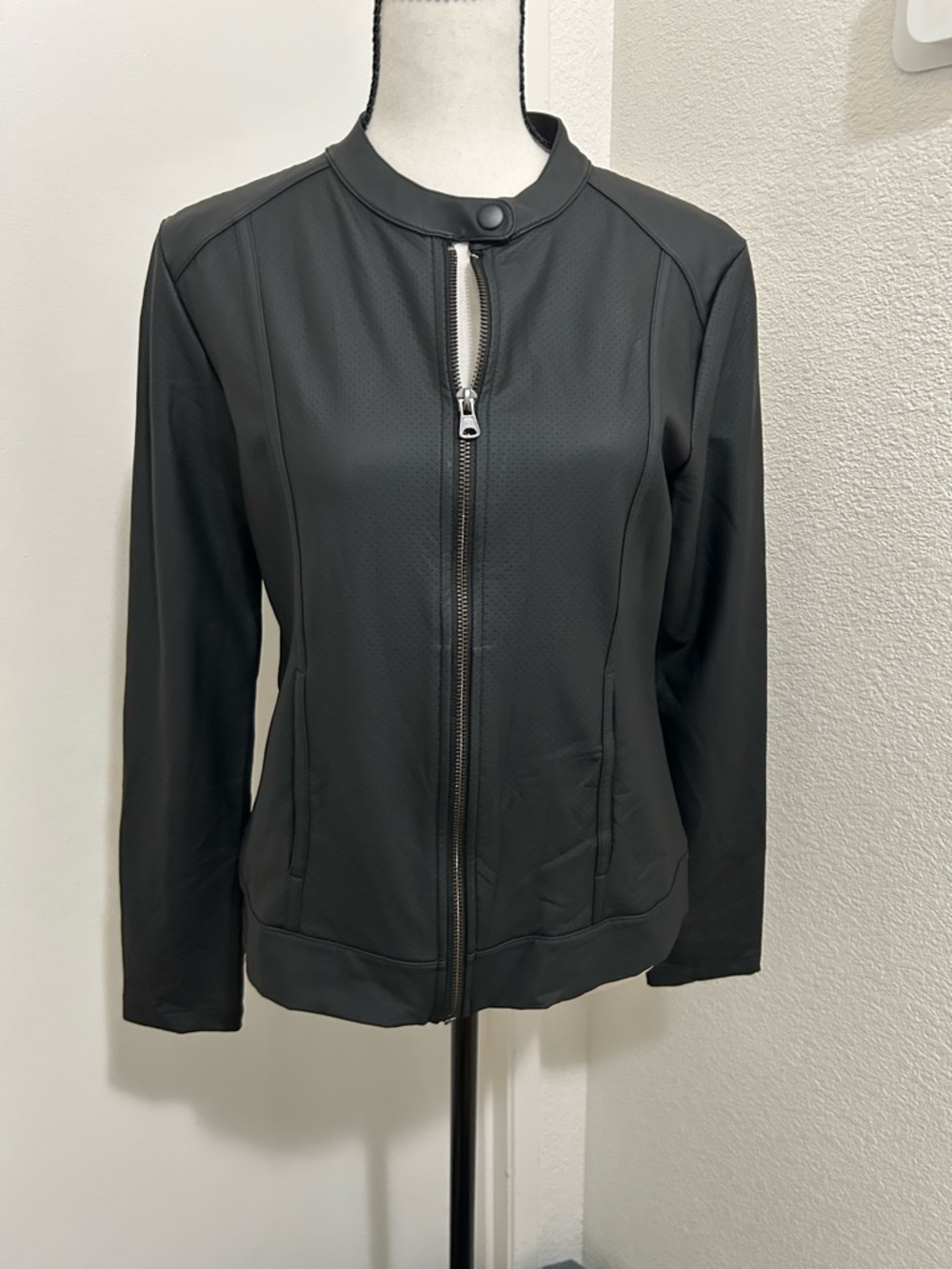Perforated Faux Leather Moto Jacket Black Full Zip Mock Neck Minimalist Biker S - Picture 2 of 7